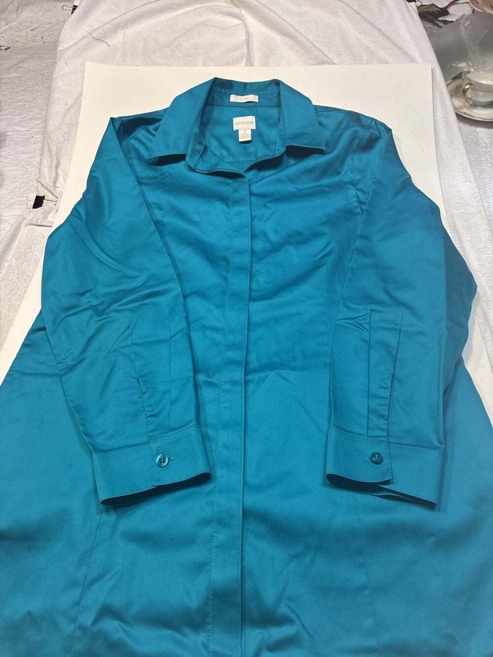 Chico's Women's No-Iron Long Sleeve Button-Down Shirt in Turquoise